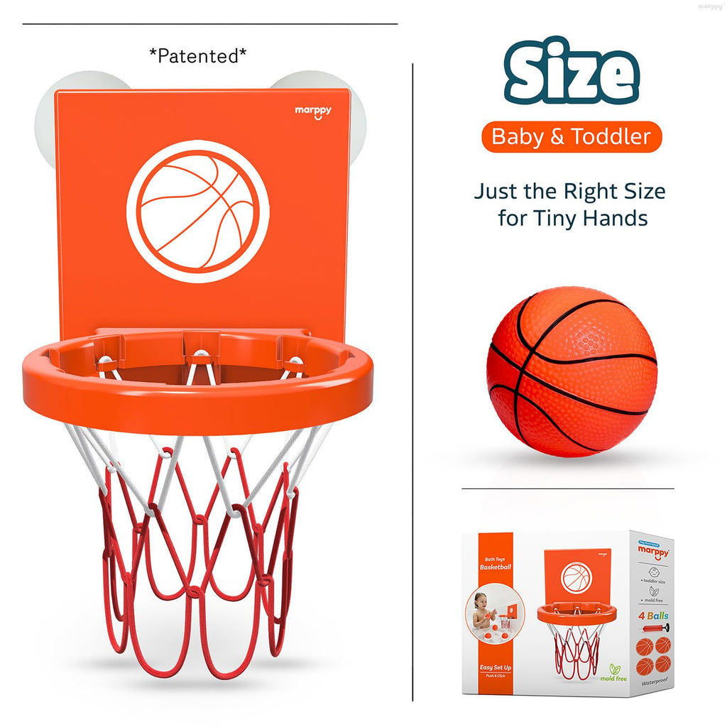 MARPPY Bath Toys Basketball Hoop Set for Toddlers – Suction Cup Hoop with 4 Soft Balls