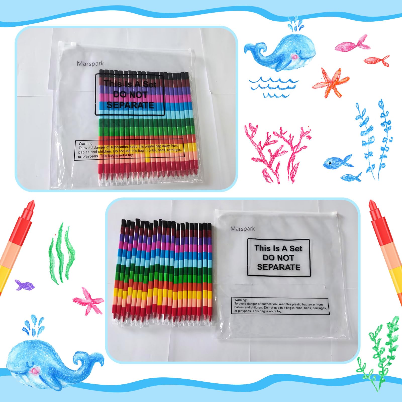 Marspark 20-Piece Stackable Crayons - Buildable Rainbow Pencils for Kids, 12 Colors, Vivid Flat