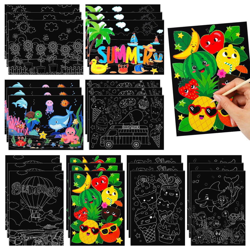 Marspark 24-Pack Summer Scratch Art Posters - DIY Color Your Own Scratch Paper Kit with Wood Stylus, Fun Summer Crafts for Kids and Group Activities