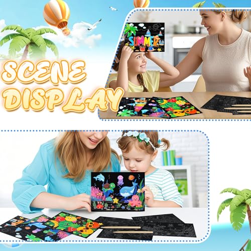 Marspark 24-Pack Summer Scratch Art Posters - DIY Color Your Own Scratch Paper Kit with Wood Stylus, Fun Summer Crafts for Kids and Group Activities