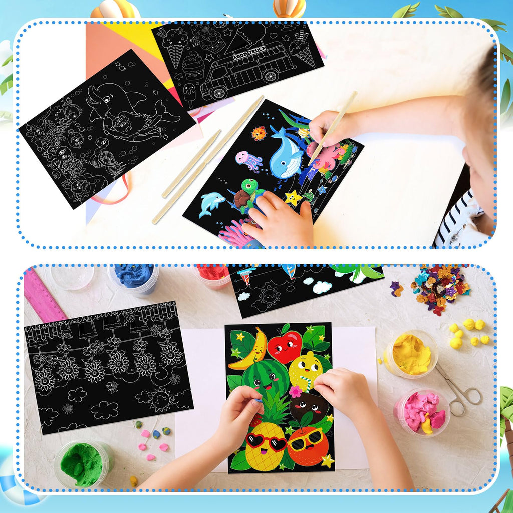 Marspark 24-Pack Summer Scratch Art Posters - DIY Color Your Own Scratch Paper Kit with Wood Stylus, Fun Summer Crafts for Kids and Group Activities