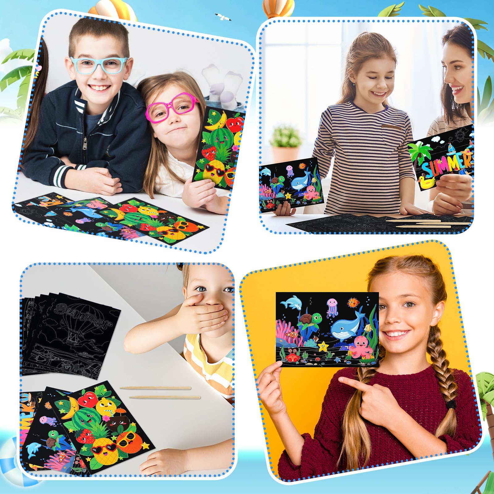 Marspark 24-Pack Summer Scratch Art Posters - DIY Color Your Own Scratch Paper Kit with Wood Stylus, Fun Summer Crafts for Kids and Group Activities