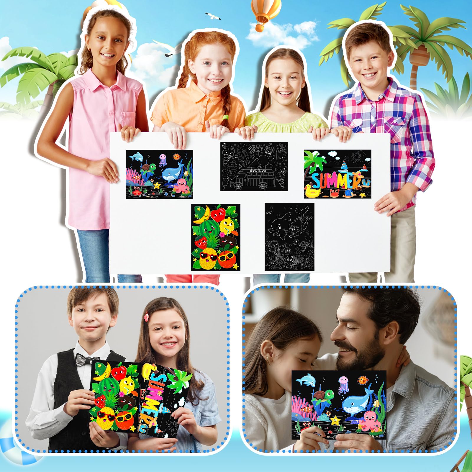 Marspark 24-Pack Summer Scratch Art Posters - DIY Color Your Own Scratch Paper Kit with Wood Stylus, Fun Summer Crafts for Kids and Group Activities