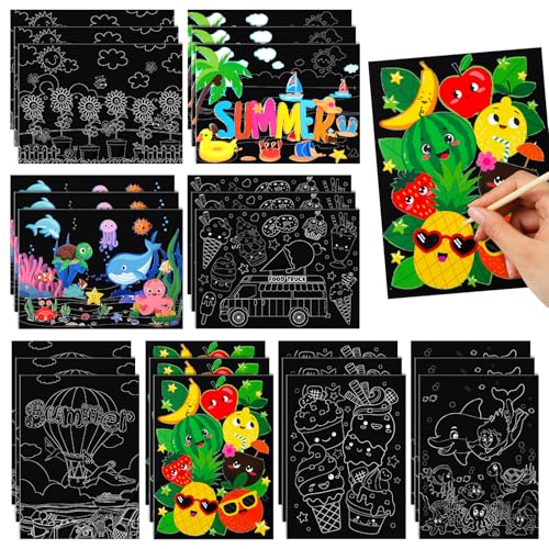 Marspark 24-Pack Summer Scratch Art Posters - DIY Color Your Own Scratch Paper Kit with Wood Stylus, Fun Summer Crafts for Kids and Group Activities