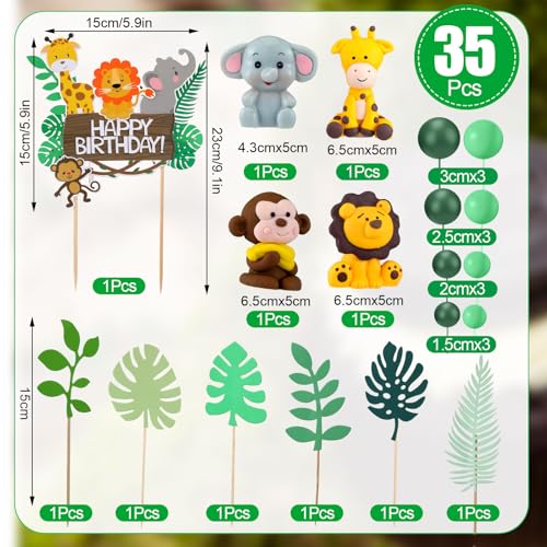 Marsui 36-Piece Safari Animal Cake Topper Set – Clay Animals, Paper Leaves, Macaron Colors for Birthday Parties