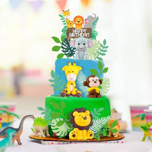 Marsui 36-Piece Safari Animal Cake Topper Set – Clay Animals, Paper Leaves, Macaron Colors for Birthday Parties