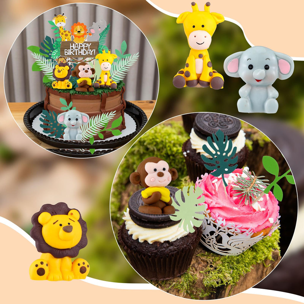 Marsui 36-Piece Safari Animal Cake Topper Set – Clay Animals, Paper Leaves, Macaron Colors for Birthday Parties
