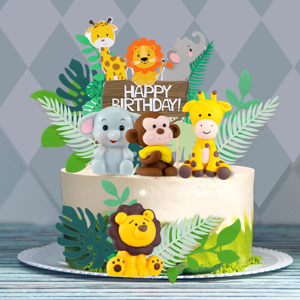 Marsui 36-Piece Safari Animal Cake Topper Set – Clay Animals, Paper Leaves, Macaron Colors for Birthday Parties