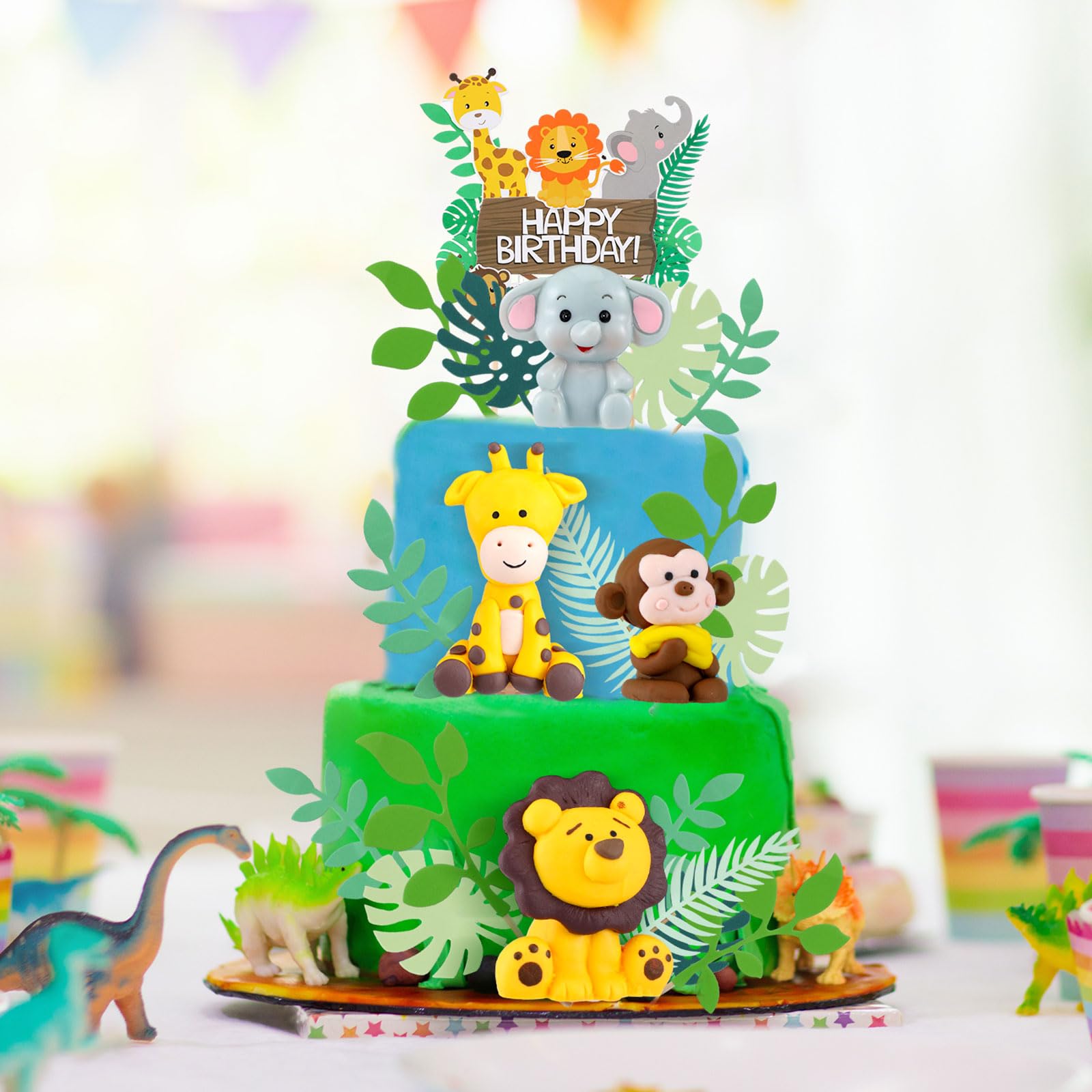 Marsui 36-Piece Safari Animal Cake Topper Set – Clay Animals, Paper Leaves, Macaron Colors for Birthday Parties