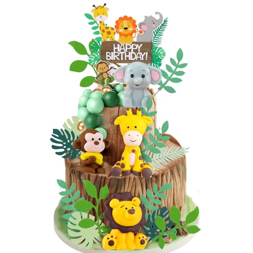 Marsui 36-Piece Safari Animal Cake Topper Set – Clay Animals, Paper Leaves, Macaron Colors for Birthday Parties