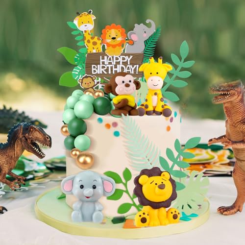 Marsui 36-Piece Safari Animal Cake Topper Set – Clay Animals, Paper Leaves, Macaron Colors for Birthday Parties