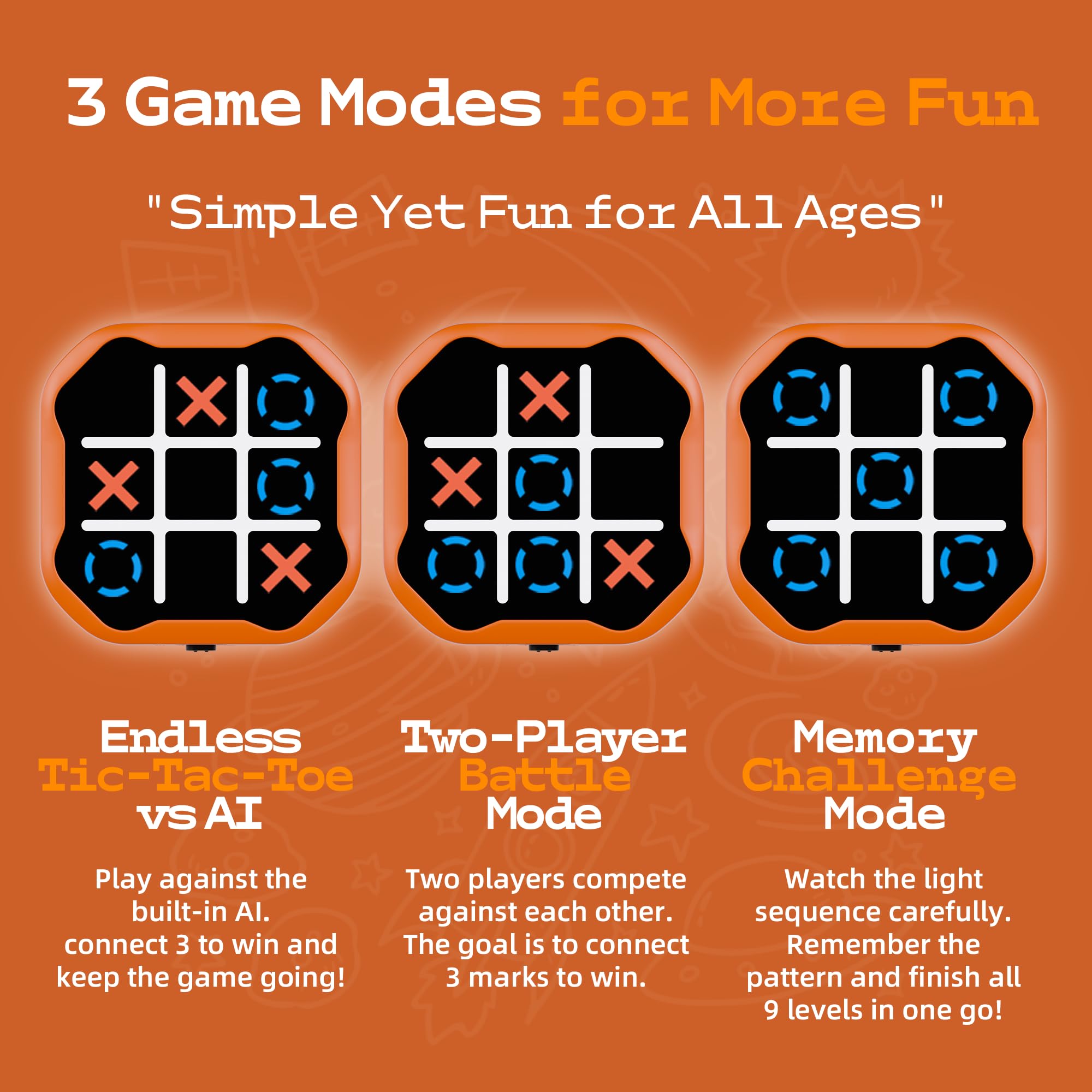 MASSRT 3-in-1 Electronic Tic Tac Toe Game – Handheld Digital Bolt with Silent Mode, Portable Learning Toy for Kids & Adults, Orange