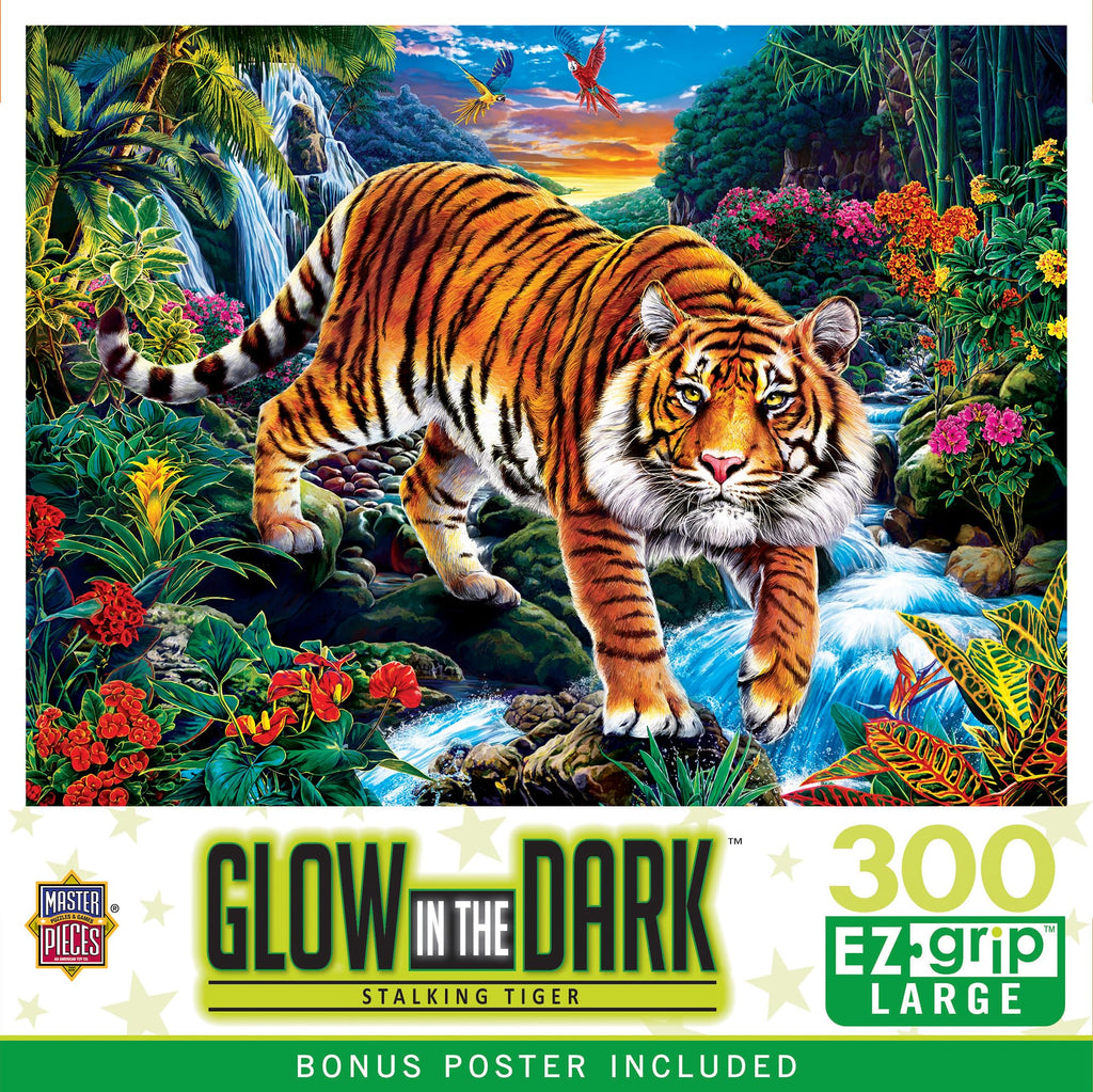 MasterPieces 300 Piece EZ Grip Tiger Puzzle – Glow-in-the-Dark, Large Easy-Grip Pieces, 18x24 inches