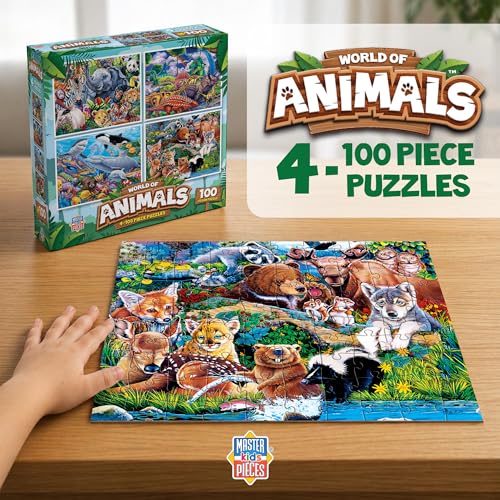 MasterPieces 4-Pack 100 Piece Jigsaw Puzzles for Kids – Animal Theme, 8x10 Inches, Eco-Friendly