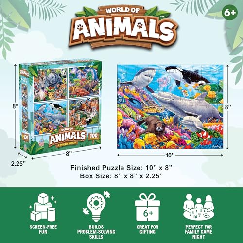 MasterPieces 4-Pack 100 Piece Jigsaw Puzzles for Kids – Animal Theme, 8x10 Inches, Eco-Friendly