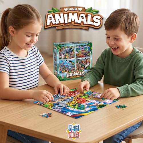 MasterPieces 4-Pack 100 Piece Jigsaw Puzzles for Kids – Animal Theme, 8x10 Inches, Eco-Friendly