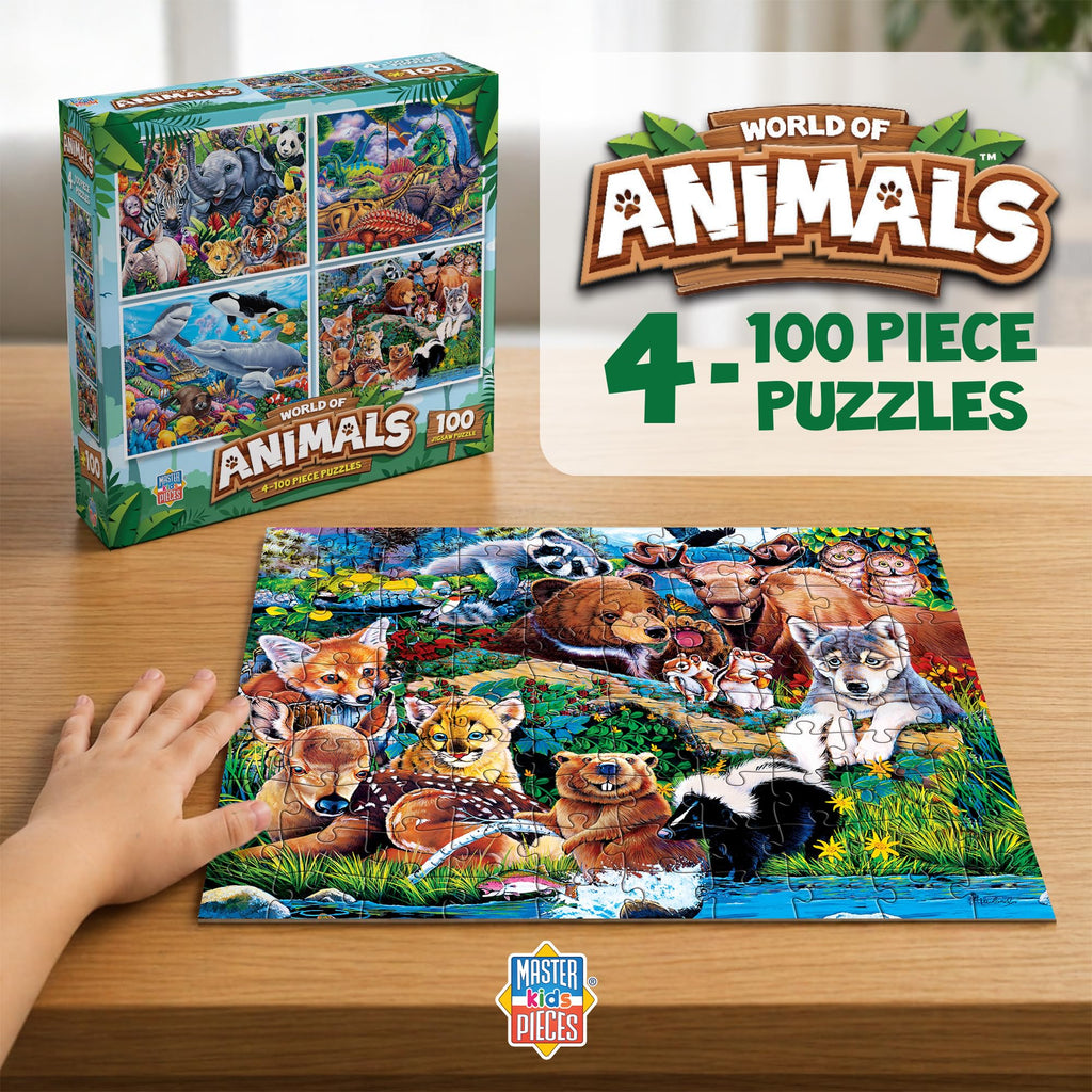 MasterPieces 4-Pack 100 Piece Jigsaw Puzzles for Kids – Animal Theme, 8x10 Inches, Eco-Friendly