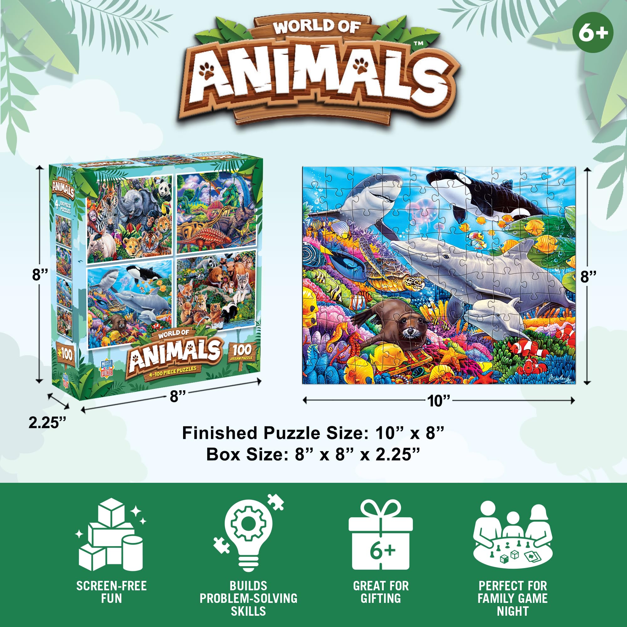 MasterPieces 4-Pack 100 Piece Jigsaw Puzzles for Kids – Animal Theme, 8x10 Inches, Eco-Friendly