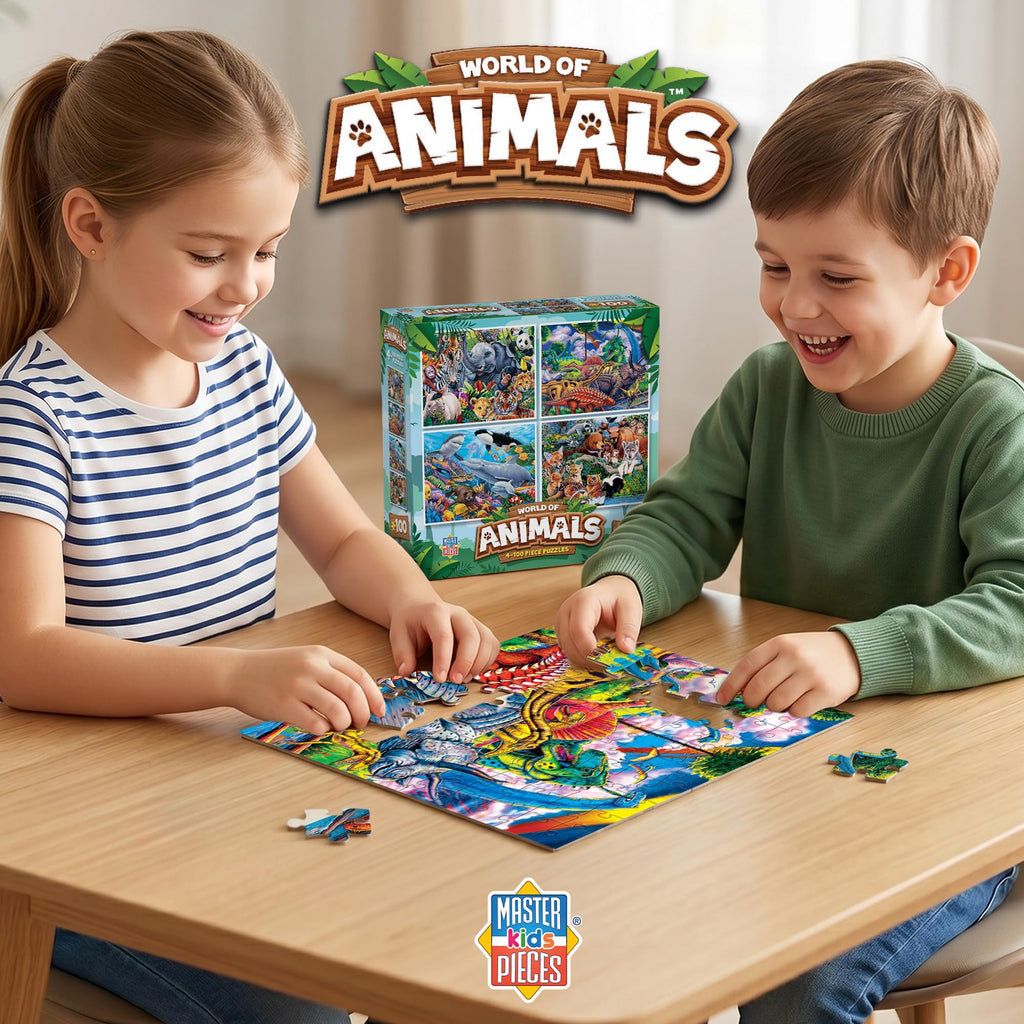 MasterPieces 4-Pack 100 Piece Jigsaw Puzzles for Kids – Animal Theme, 8x10 Inches, Eco-Friendly