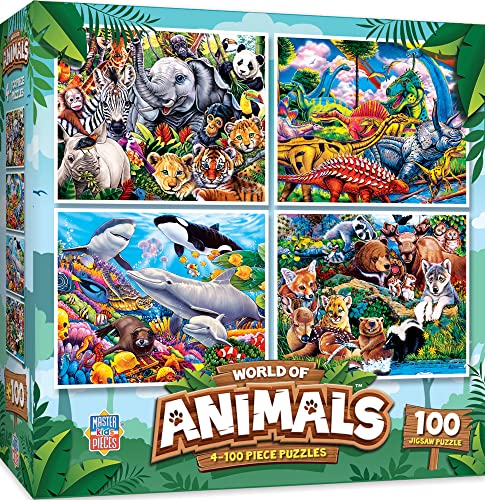 MasterPieces 4-Pack 100 Piece Jigsaw Puzzles for Kids – Animal Theme, 8x10 Inches, Eco-Friendly