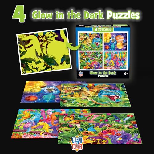 MasterPieces 4-Pack Glow in The Dark Jigsaw Puzzles for Kids 6+ – 100 Pieces Each