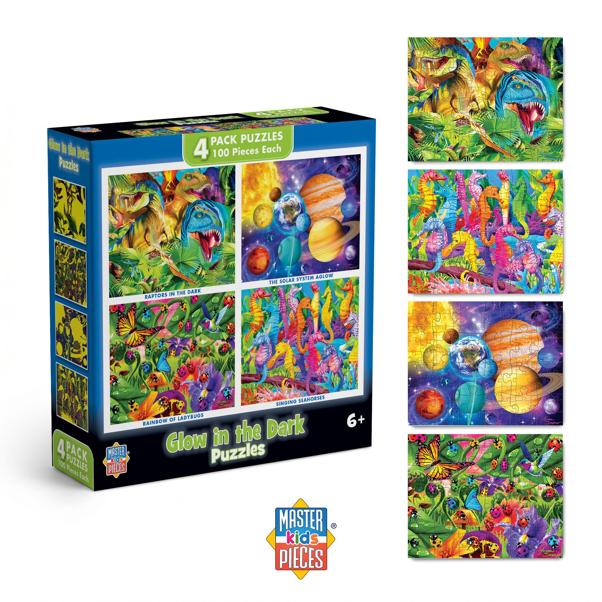 MasterPieces 4-Pack Glow in The Dark Jigsaw Puzzles for Kids 6+ – 100 Pieces Each