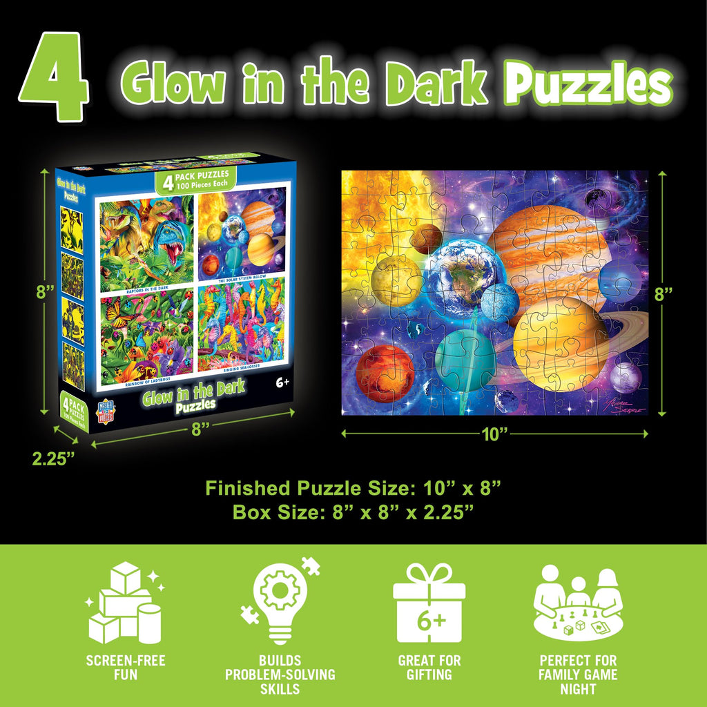 MasterPieces 4-Pack Glow in The Dark Jigsaw Puzzles for Kids 6+ – 100 Pieces Each