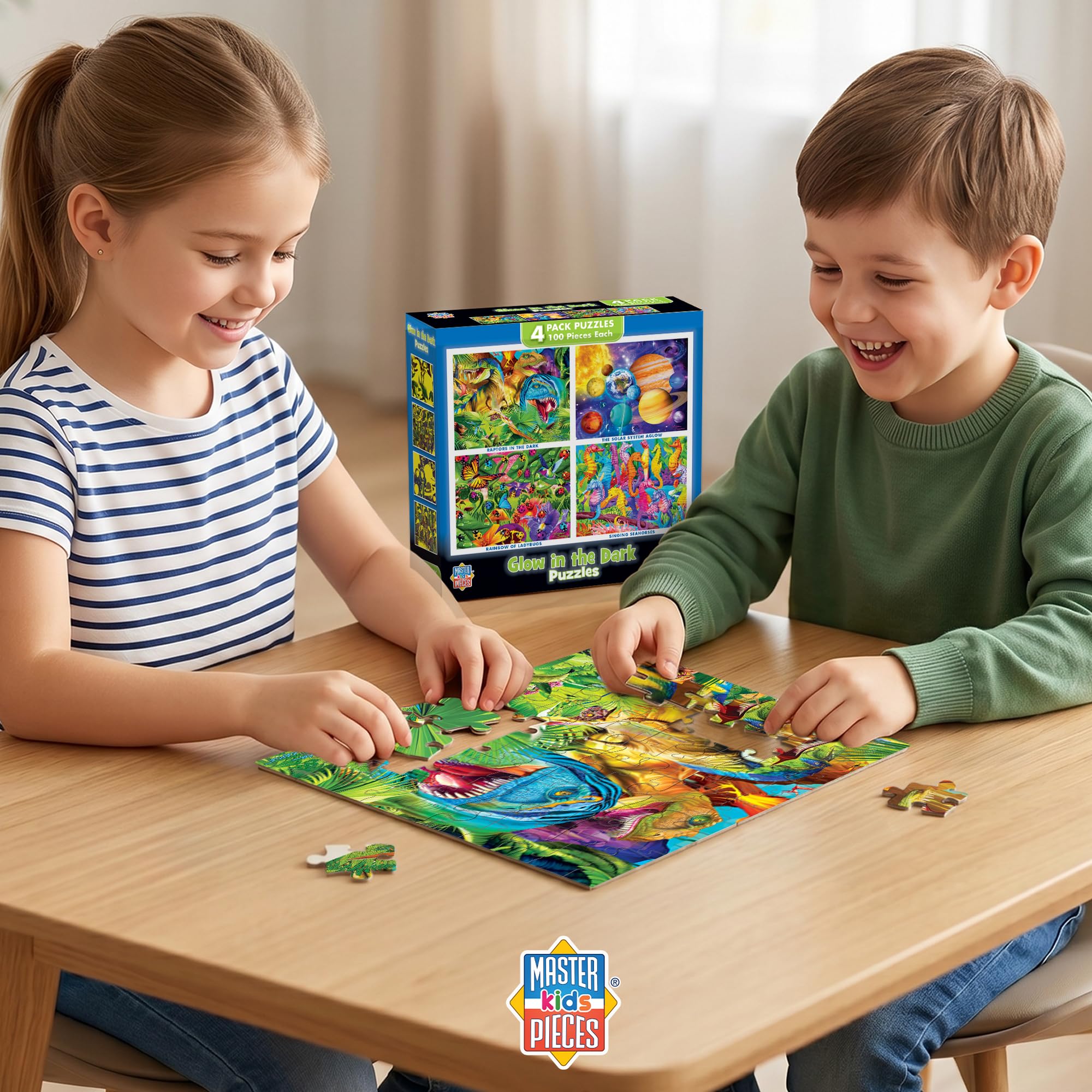 MasterPieces 4-Pack Glow in The Dark Jigsaw Puzzles for Kids 6+ – 100 Pieces Each