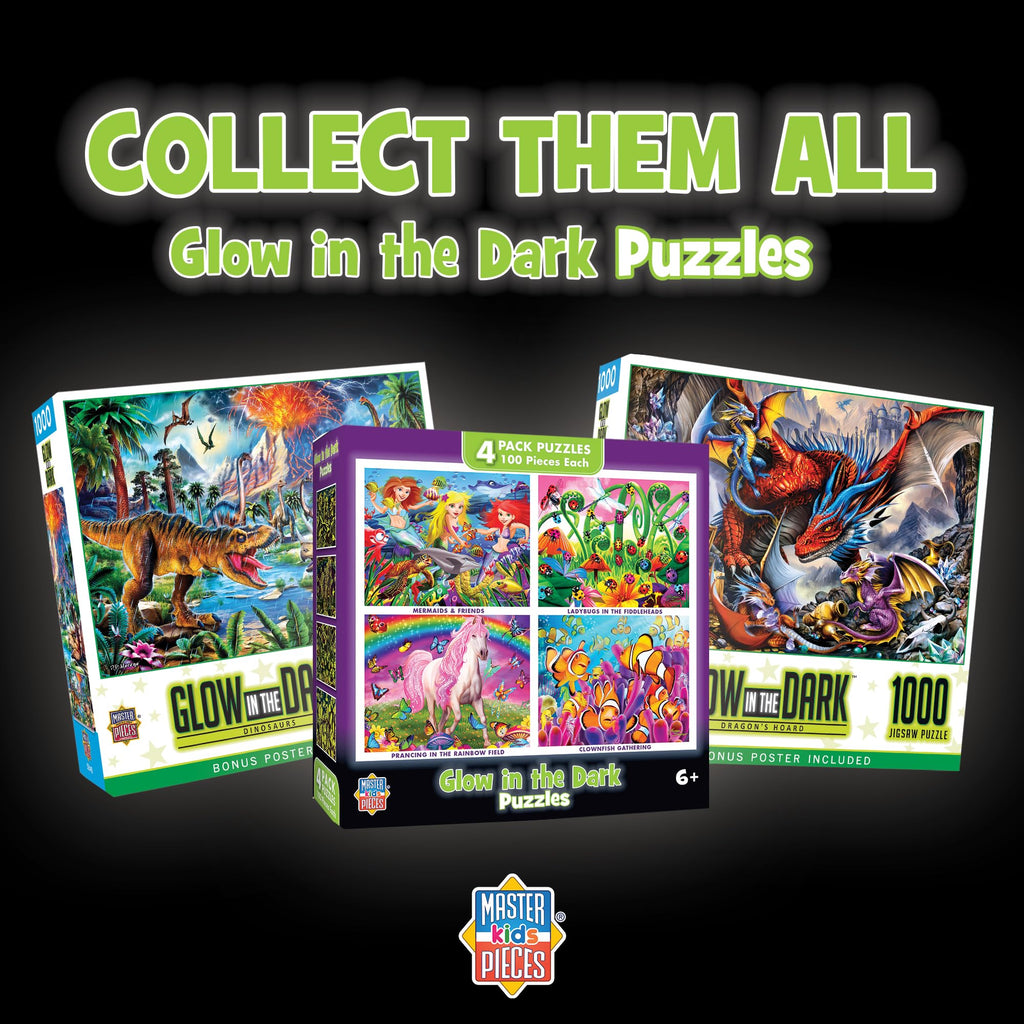 MasterPieces 4-Pack Glow in The Dark Jigsaw Puzzles for Kids 6+ – 100 Pieces Each