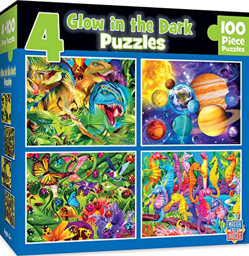MasterPieces 4-Pack Glow in The Dark Jigsaw Puzzles for Kids 6+ – 100 Pieces Each