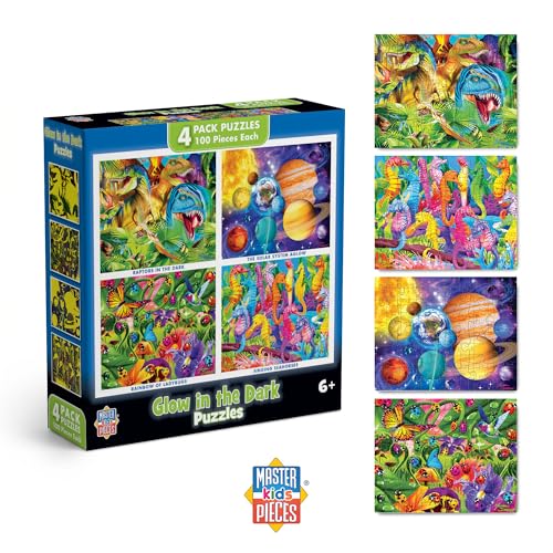 MasterPieces 4-Pack Glow in The Dark Jigsaw Puzzles for Kids 6+ – 100 Pieces Each