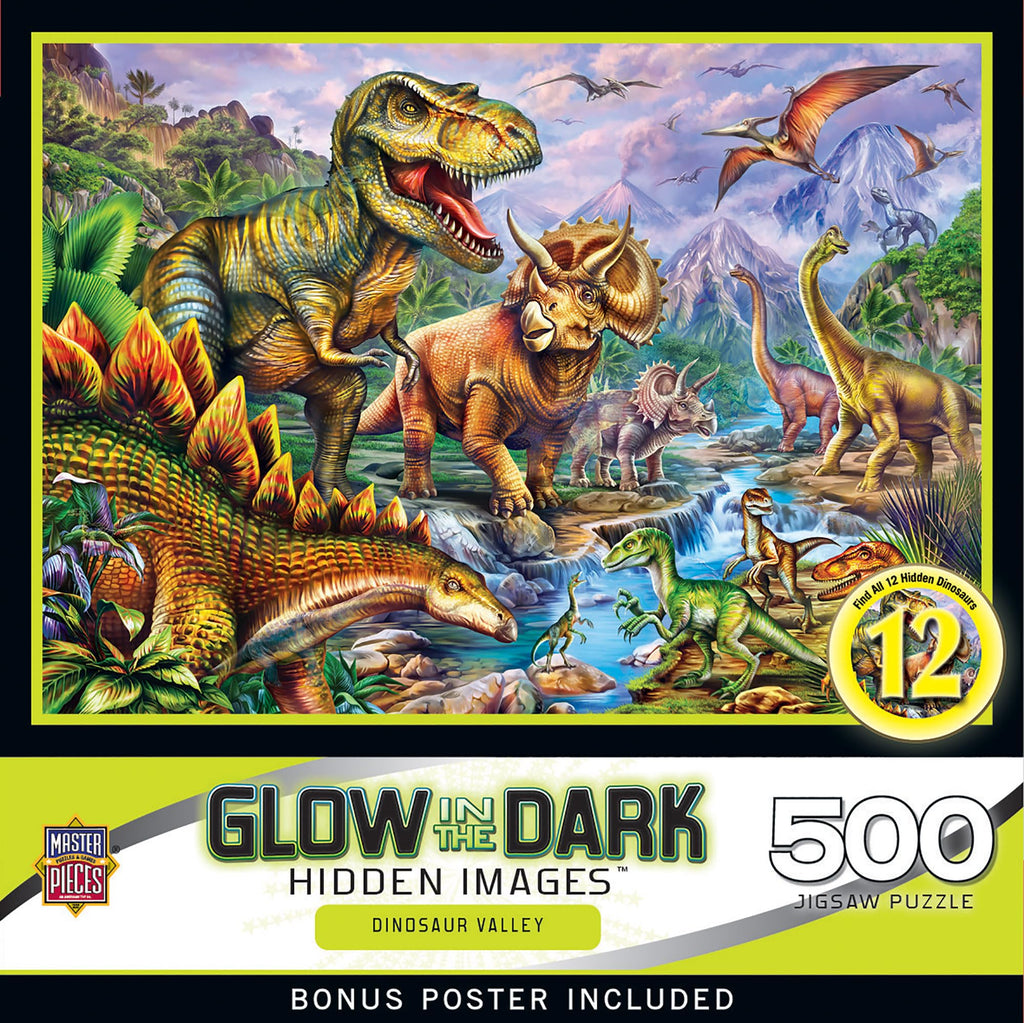 Masterpieces 500-Piece Glow-in-the-Dark Dinosaur Valley Jigsaw Puzzle - 15x21 Inches