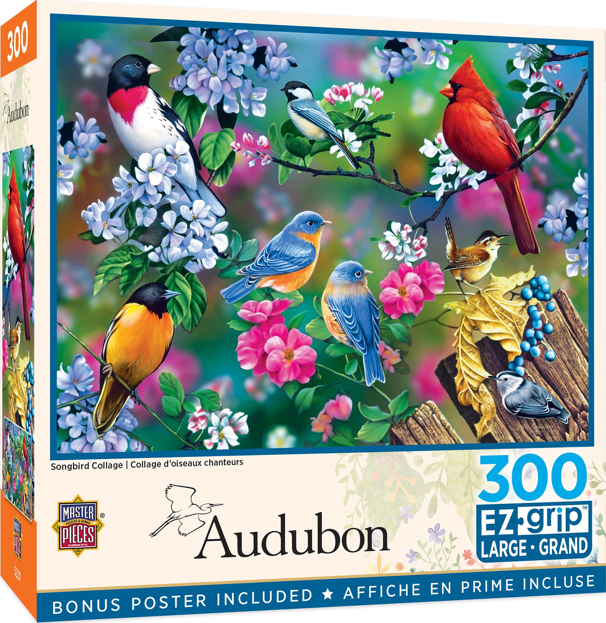 MasterPieces Audubon Songbird Collage 300-Piece EZGrip Puzzle – Matte Finish, Recycled Materials