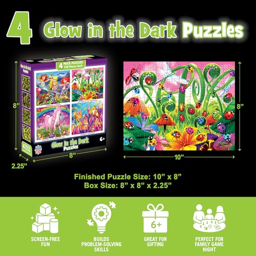 MasterPieces Jigsaw Puzzle Set for Kids 6+ – 4 Puzzles 100 Pieces Each, Purple Glow in the Dark, 8x10 Inches