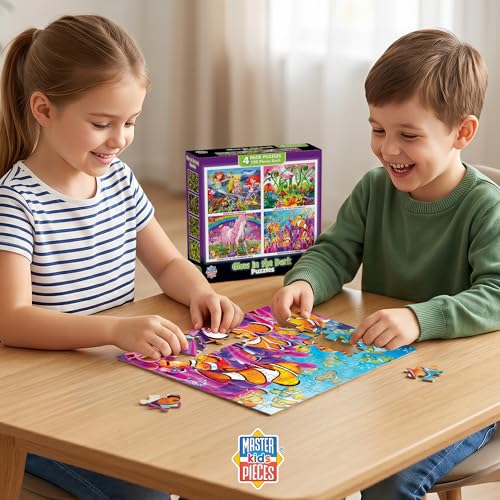 MasterPieces Jigsaw Puzzle Set for Kids 6+ – 4 Puzzles 100 Pieces Each, Purple Glow in the Dark, 8x10 Inches