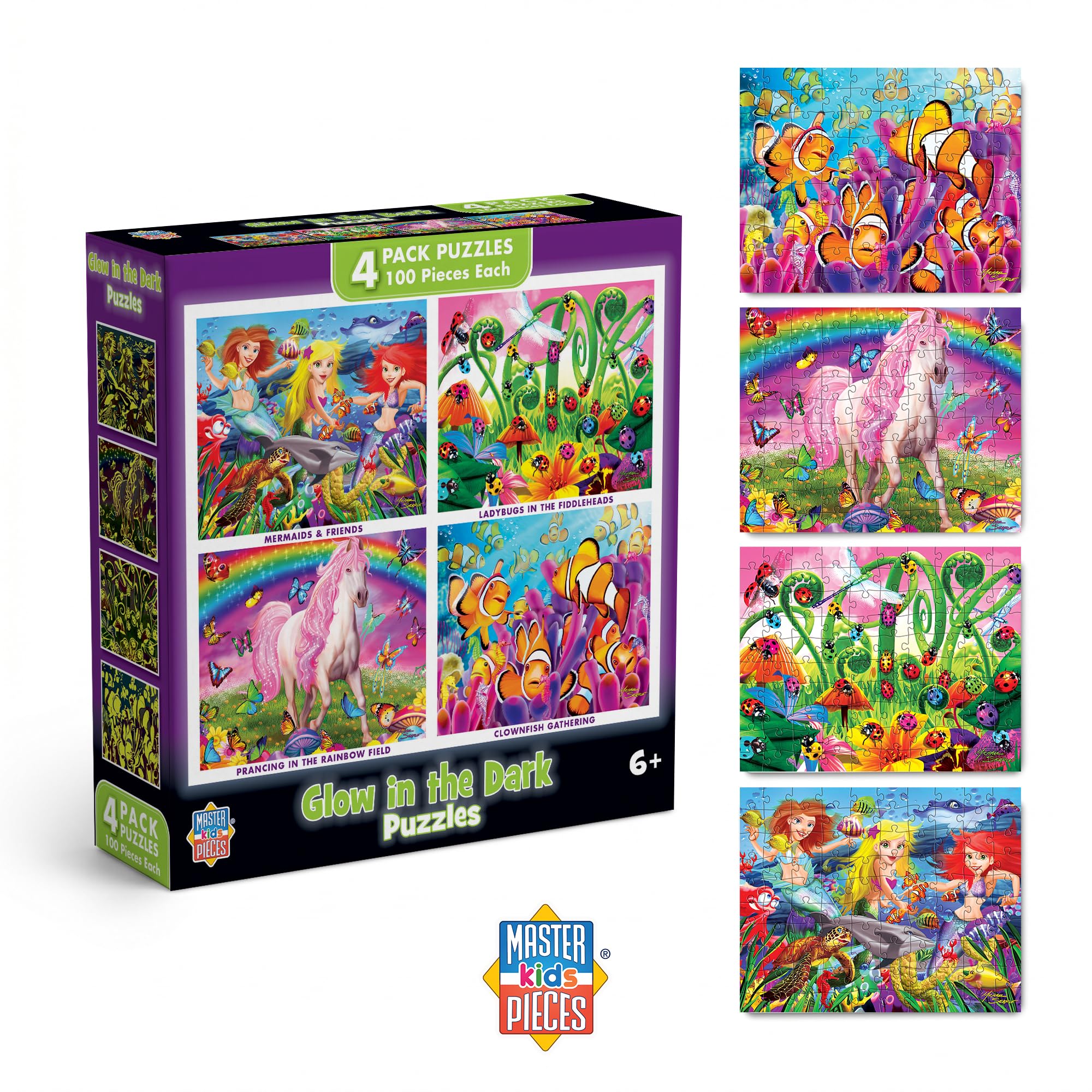 MasterPieces Jigsaw Puzzle Set for Kids 6+ – 4 Puzzles 100 Pieces Each, Purple Glow in the Dark, 8x10 Inches