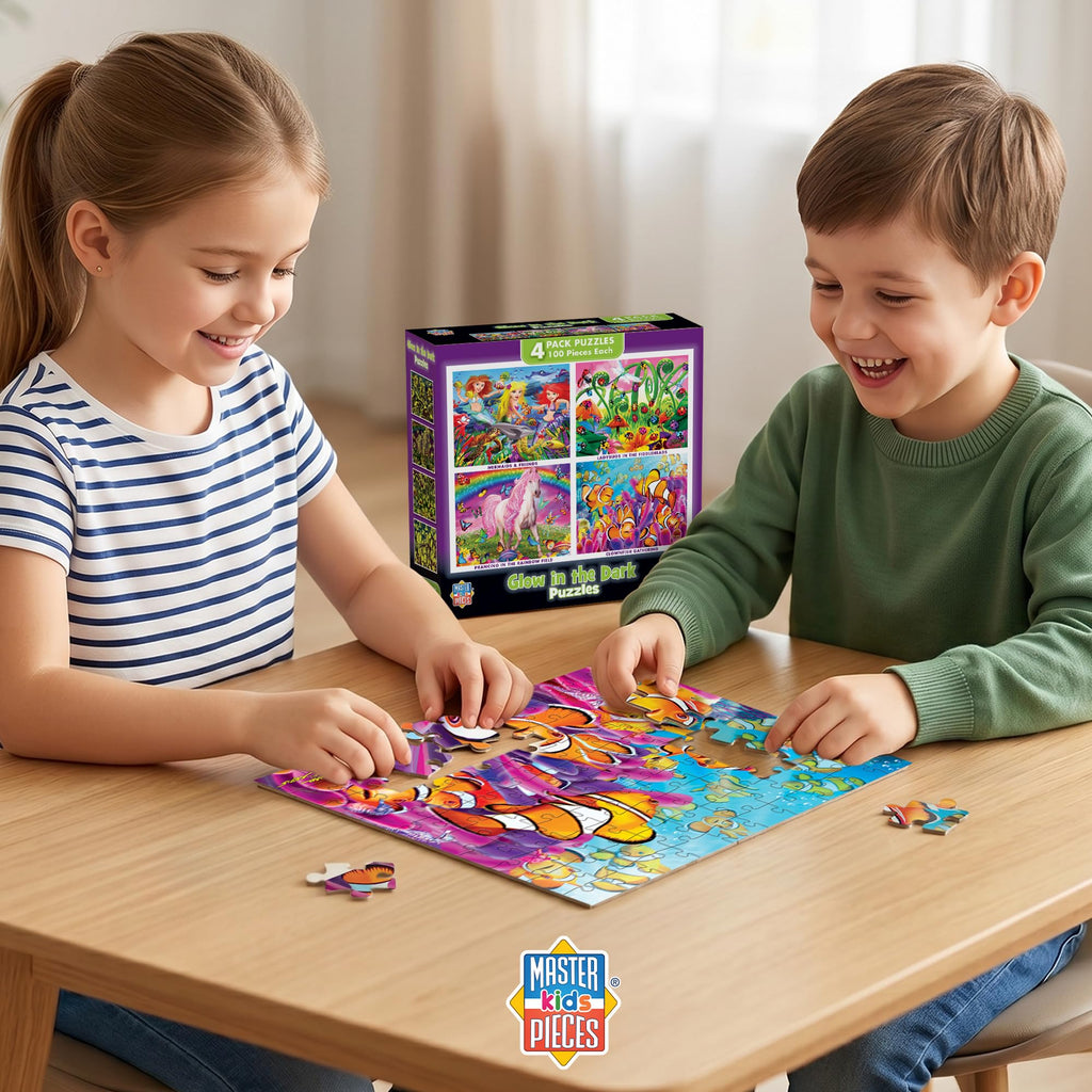 MasterPieces Jigsaw Puzzle Set for Kids 6+ – 4 Puzzles 100 Pieces Each, Purple Glow in the Dark, 8x10 Inches