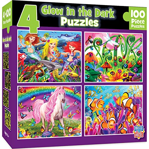 MasterPieces Jigsaw Puzzle Set for Kids 6+ – 4 Puzzles 100 Pieces Each, Purple Glow in the Dark, 8x10 Inches