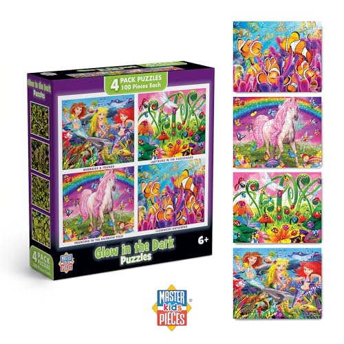 MasterPieces Jigsaw Puzzle Set for Kids 6+ – 4 Puzzles 100 Pieces Each, Purple Glow in the Dark, 8x10 Inches