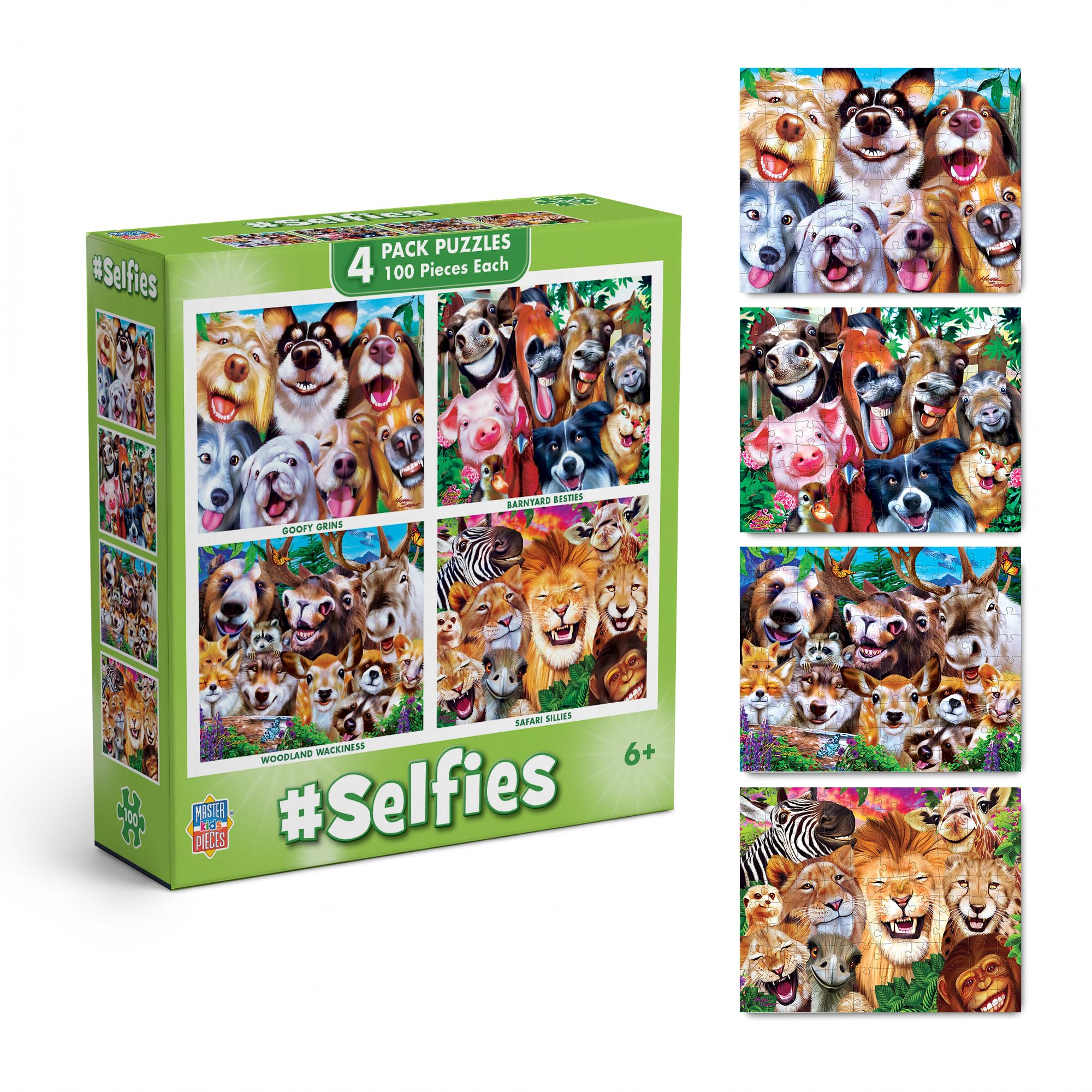 MasterPieces Silly Animals 4-Pack 100-Piece Jigsaw Puzzles for Kids Ages 6+