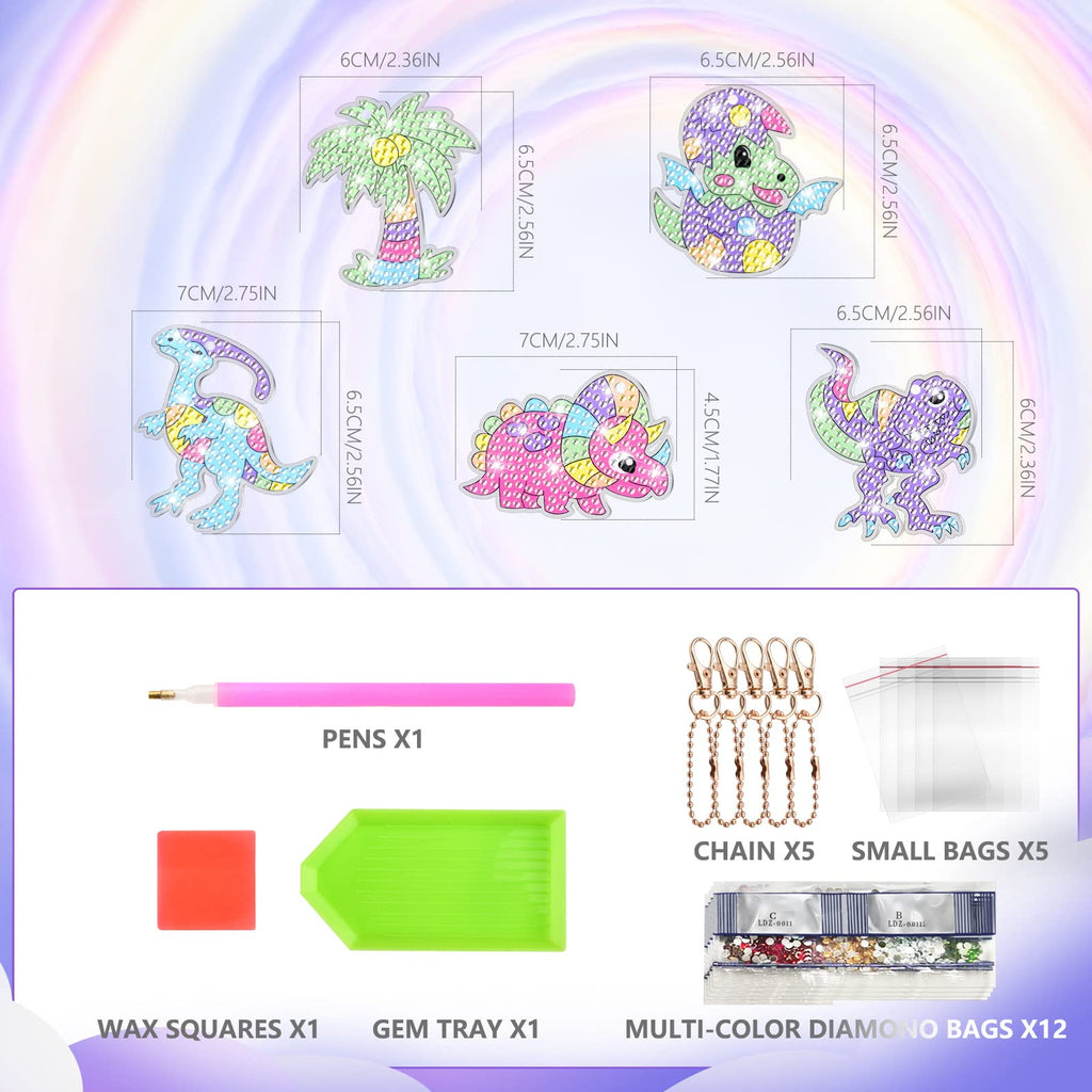 MATHARAGO Dinosaur Diamond Painting Keychain Kit - 5D Gems, 5 DIY Keychains for Kids Ages 6-12