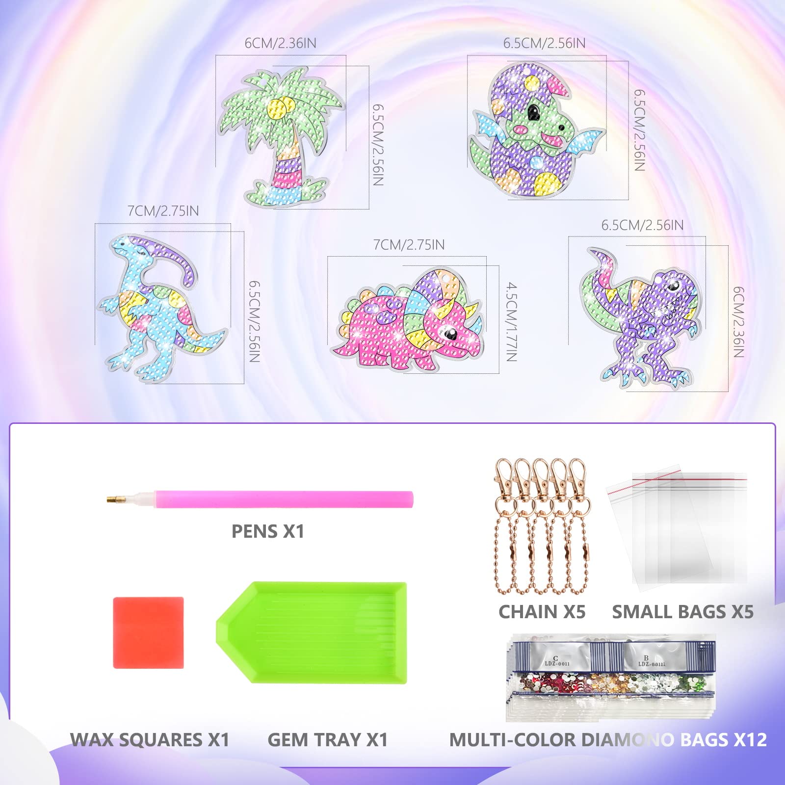 MATHARAGO Dinosaur Diamond Painting Keychain Kit - 5D Gems, 5 DIY Keychains for Kids Ages 6-12