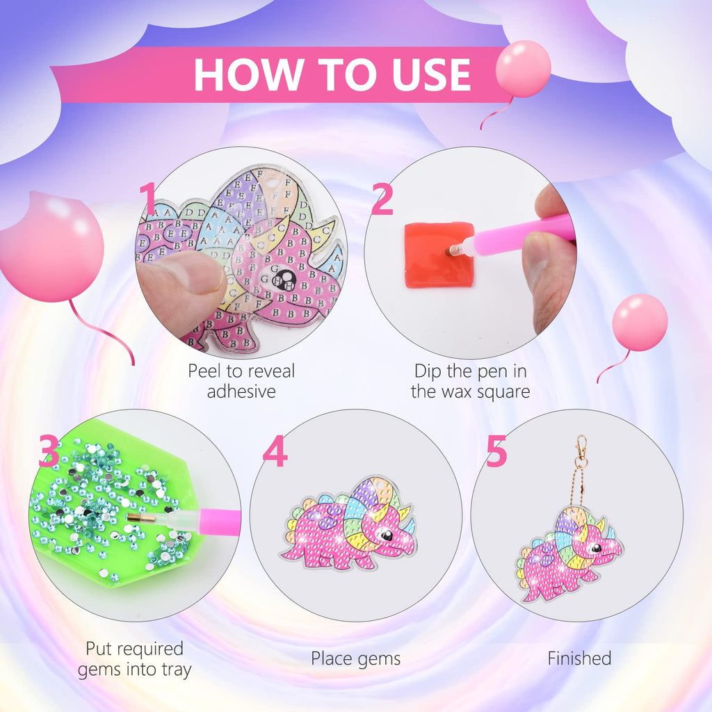 MATHARAGO Dinosaur Diamond Painting Keychain Kit - 5D Gems, 5 DIY Keychains for Kids Ages 6-12