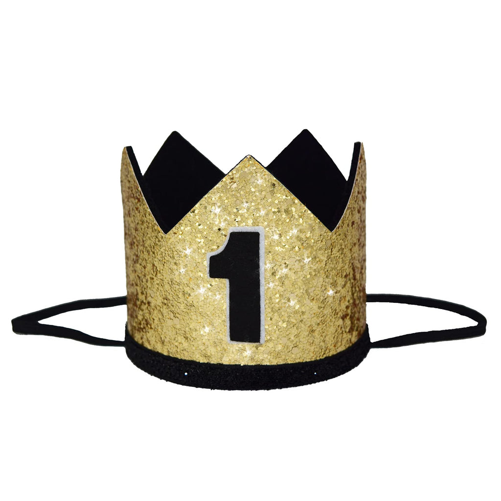 Maticr Glitter First Birthday Crown for Baby Boy - 1st Bday Party Hat with Cake Smash Photo Prop and Sash