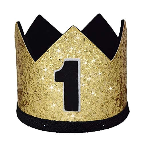 Maticr Glitter First Birthday Crown for Baby Boy - 1st Bday Party Hat with Cake Smash Photo Prop and Sash
