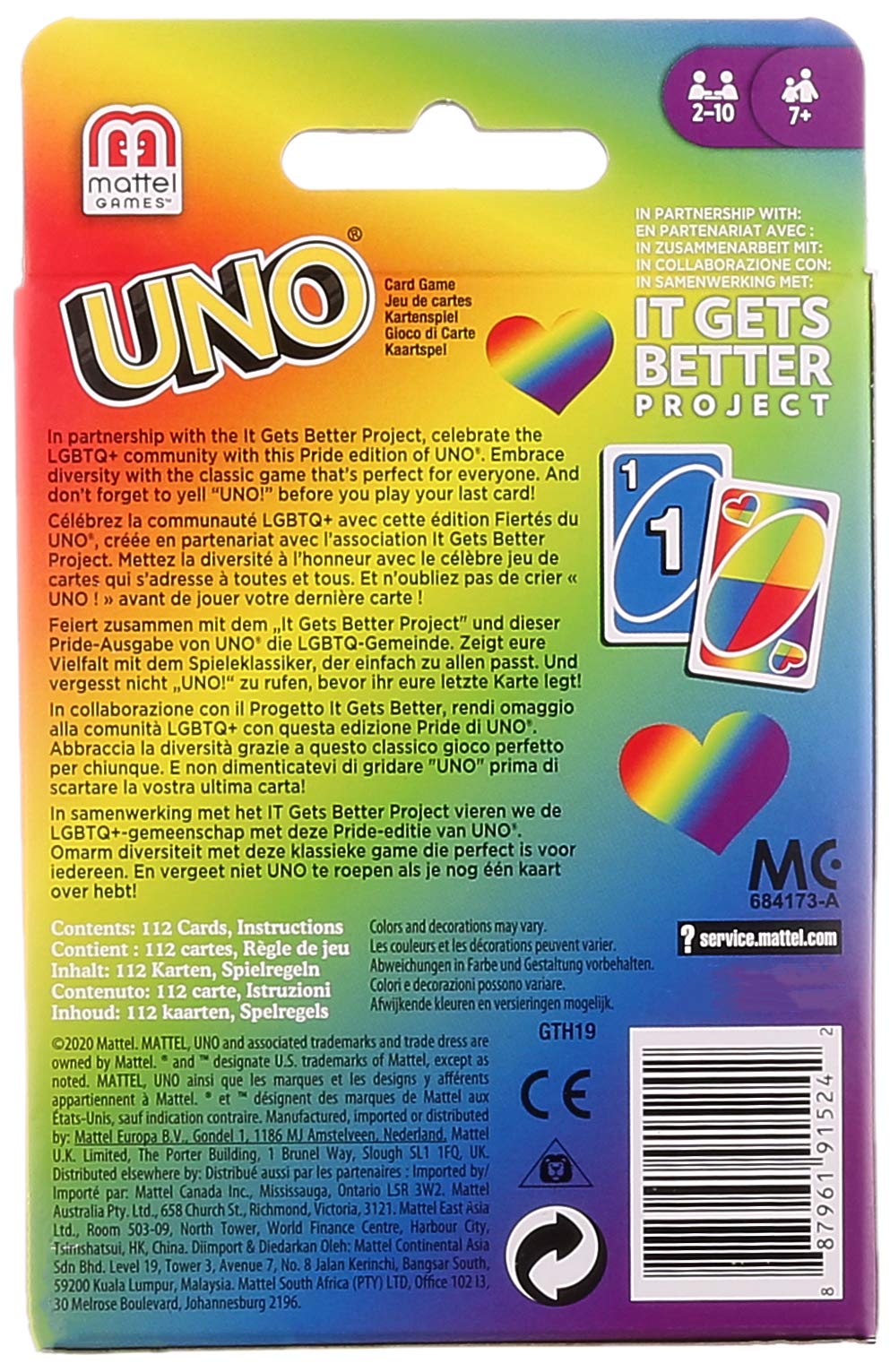 Mattel Games UNO Play with Pride Card Game - Rainbow Design LGBTQ+ Edition with 112 Cards