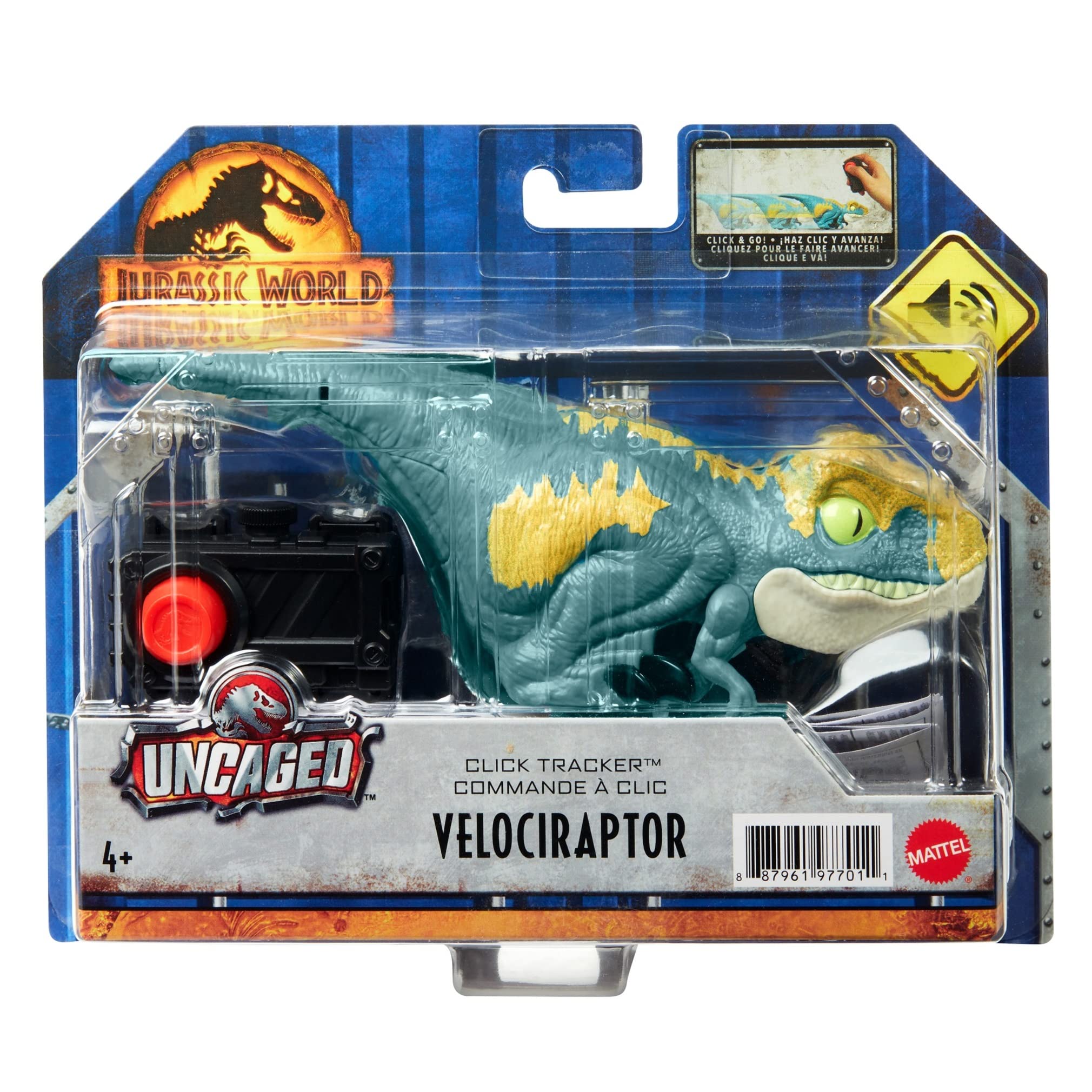 Mattel Jurassic World Dominion Click Tracker Velociraptor 'Blue' Dinosaur Toy with Clicker-Controlled Motion & Sound