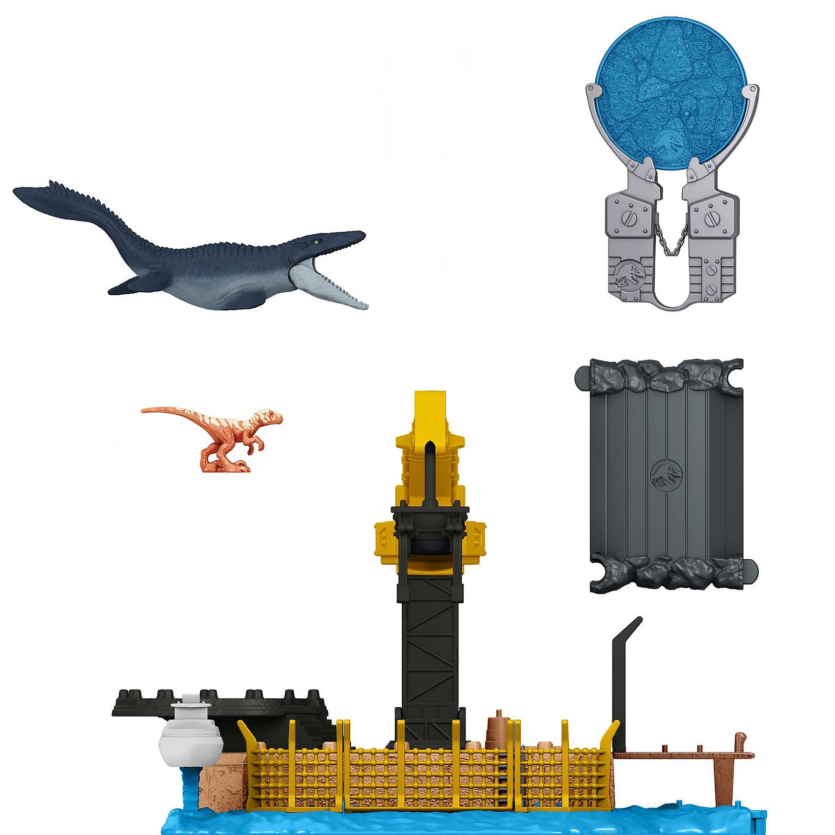 Mattel Jurassic World Dominion Minis Mosasaurus Mayhem Playset with Launcher, Break-Apart Features, and 2 Dinosaur Figures