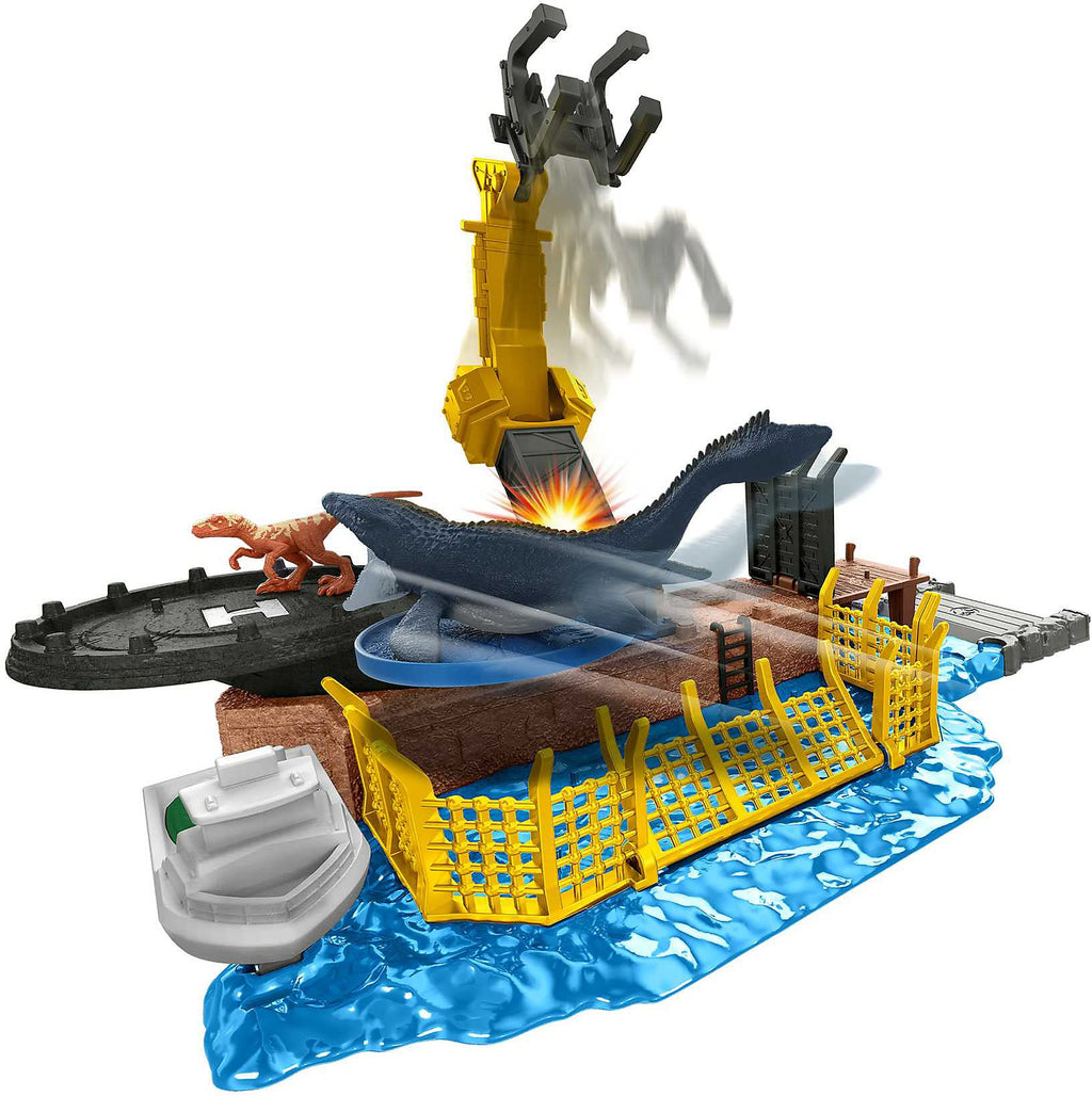 Mattel Jurassic World Dominion Minis Mosasaurus Mayhem Playset with Launcher, Break-Apart Features, and 2 Dinosaur Figures