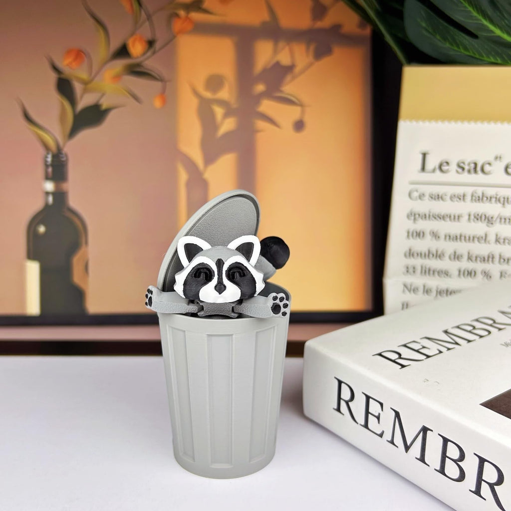 MAVLENT 3D Printed Raccoon Fidget Toy with Trashcan – Articulated Desk Decor for Adults
